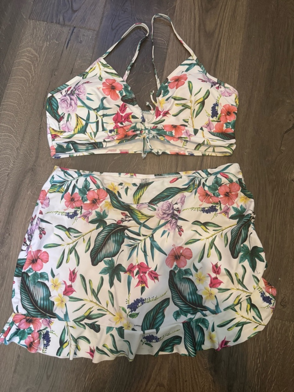 NWOT Unbranded Bikini Set with Pink Floral & Green Leaf Print Sz 3X
